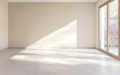 Bright and airy empty room with sunlight streaming through large windows