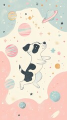 Happy Dog Leaps Through Pastel Space Among Planets