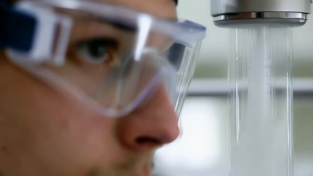 Scientific professional examining laminar water flow through precision faucet, wearing protective eyewear while analyzing fluid dynamics in controlled laboratory environment