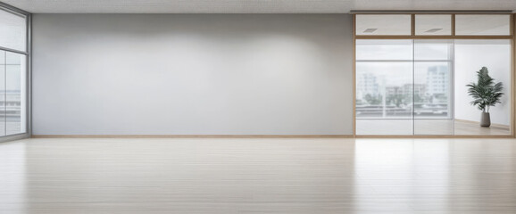 Fototapeta premium Modern empty space with large windows and light wood flooring in urban setting