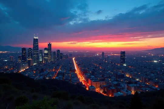 Vista panor?mica de la ciudad con torres y edificios iluminados al atardecer, arquitectura, horizonte, panorama