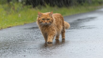 Ginger Cat Walking in the Rain on a Country Road