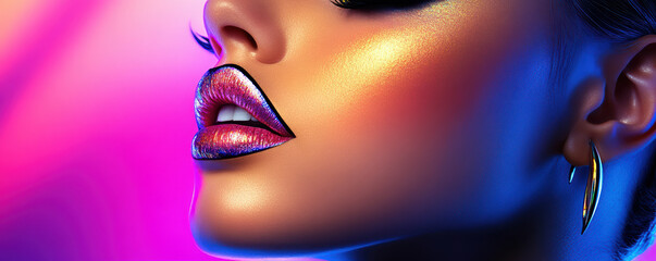 Artistic close up of dramatic makeup featuring bold lip color and eye catching highlights, showcasing vibrant hues and glamorous aesthetic