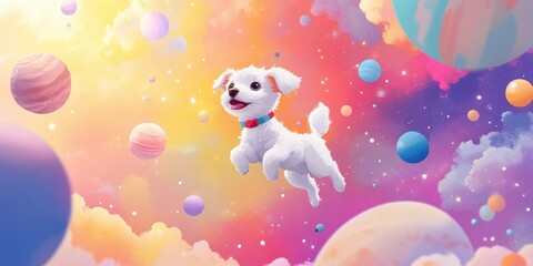 A Happy Puppy Soars Through Pastel Space