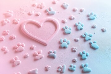 Fototapeta premium Paw Prints Path to a Heart - A pink heart surrounded by paw prints symbolizes love, companionship, loyalty, affection, and cherished memories.