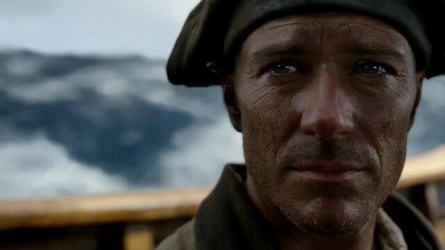 Rugged maritime professional standing confidently on ship's deck, scanning threatening storm clouds looming over turbulent ocean waters with unwavering focus and resolute demeanor