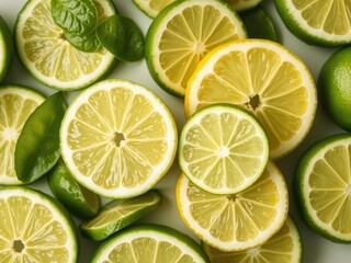 Fototapeta premium Vibrant citrus green background with slices of fresh lime and lemon, lemon, slices, food