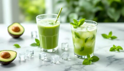 Fototapeta premium Refreshing Avocado Mint Drinks with Ice Cubes