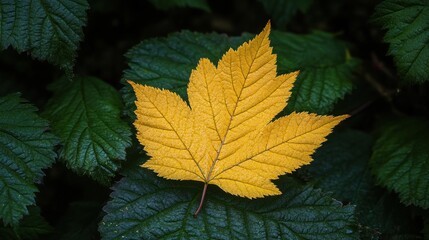 Single Golden Maple Leaf Among Dark Green Foliage
