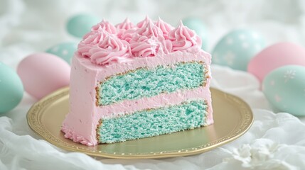 Pink and Blue Layered Cake with Whipped Cream Frosting and Pastel Easter Eggs