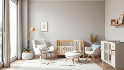 Stylish baby room interior featuring a modern crib and comfortable armchair, room, modern, cozy
