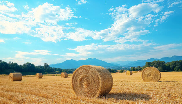 Vast countryside farmland with rolled straw bales under an open blue sky