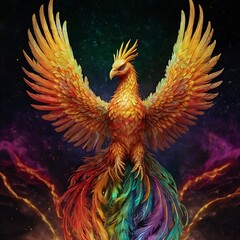 Fototapeta premium A stunning AI-generated phoenix, radiating vibrant flames of orange, red, and gold, symbolizes rebirth and resilience. Its intricate details and ethereal glow bring this mythical creature to life in a
