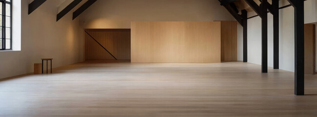 Spacious interior of an empty contemporary studio with wooden accents and high ceilings