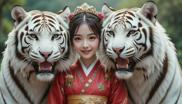 한복을 입고 웃는 소녀와 두 마리의 백호