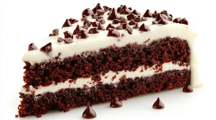 Two Layered Chocolate Cake Slice with Creamy Frosting and Chocolate Chips
