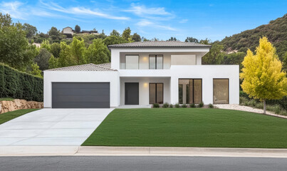 Fototapeta premium Modern house design with large windows and clean lines located in a scenic neighborhood