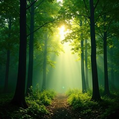 Obraz premium Misty forest with tall trees and dappled sunlight filtering through leaves, sunlight, foliage, verdant