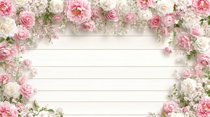Pink and White Flowers Frame on White Wooden Background