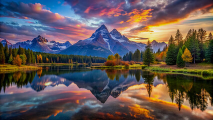 Stunning Mountain Lake at Sunset, Perfect for Travel Posters