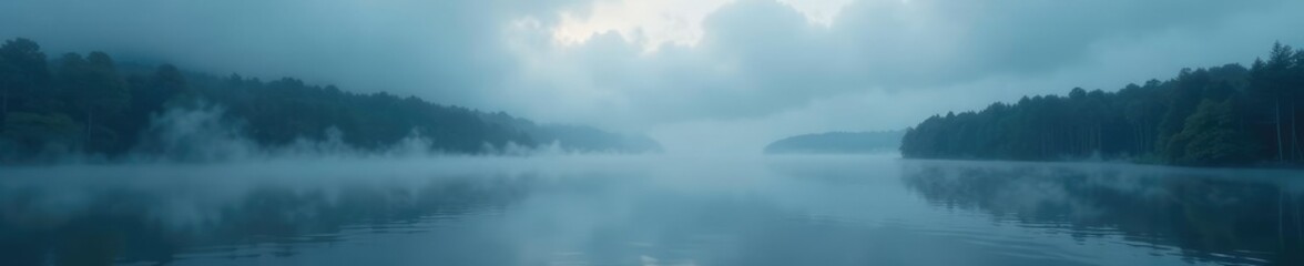 Cloudy sky with a misty lake scene and atmospheric effects, serene, fog, darkness