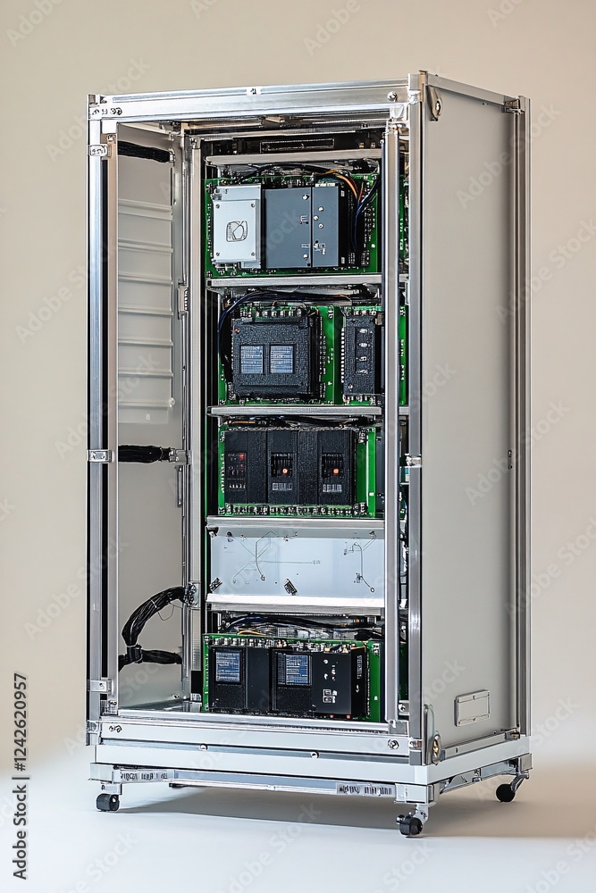 Poster Industrial computer server rack is housing hardware for processing data