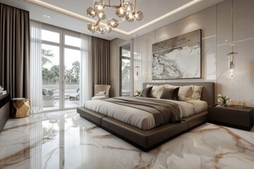 Opulent bedroom design showcasing exquisite marble flooring.