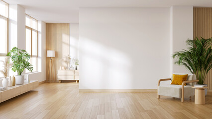 Modern  mid-century interior living room with white armchair  and wooden floor on white wall .3drender