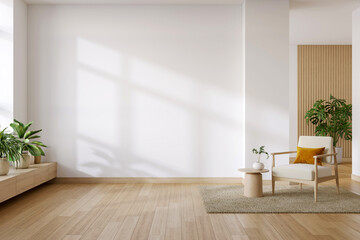 Scandinavian  interior living room with white armchair and wooden coffee table on white wall .3drender