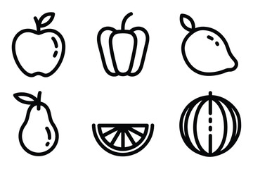 Fruit and Vegetable Line Icons Vector Set – Apple, Bell Pepper, Lemon, Pear, Citrus Slice, Melon