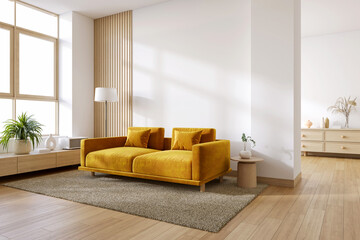 Scandinavian  interior living room with brown armchair and modern lamp  on wooden floor with white wall .3drender