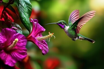 Naklejka premium A vibrant display of nature as the Colibri thalassinus visits red flowers.