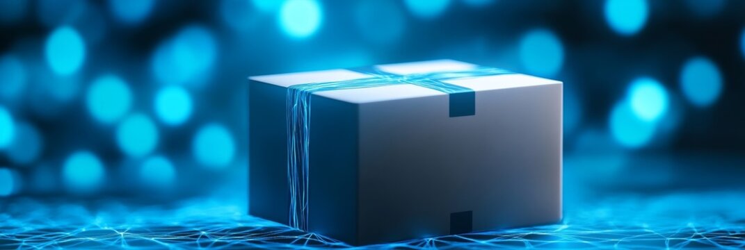 Digital Gift Box on Blue Background - A sleek, white gift box with a glowing blue ribbon sits on a dark blue, shimmering surface.  Perfect for technology, digital, or online gift concepts.