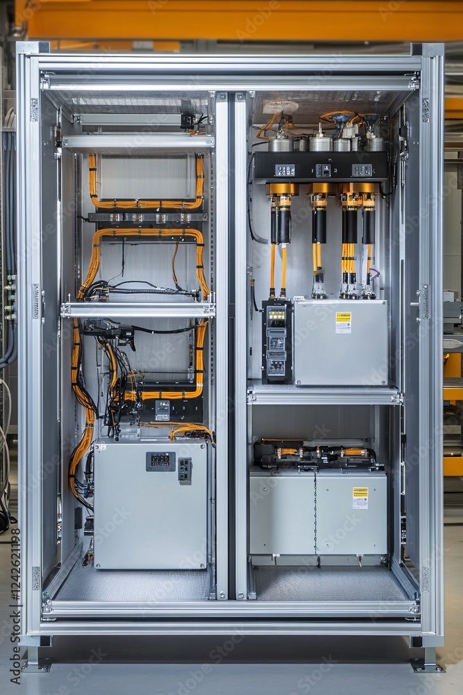 Poster testing industrial machinery: open electrical cabinet with high voltage parts and orange and black w