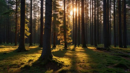Fototapeta premium Sunlit Forest Path: Golden Hour in a Pine Wood