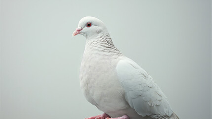 Close-up of a white dove with pink feet and beak, perched against a muted gray background.