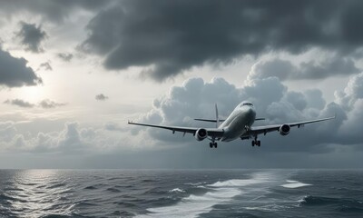 Obraz premium Cloudy gray sky with an airplane flying over the ocean, airplane navigating, sea level, air travel