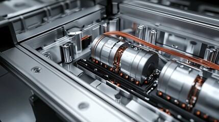 Close-up view of an electric car battery pack showing the cooling system, electrical connections, and modules