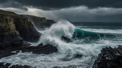 Fototapeta premium Dramatic Ocean Wave Crashing Against Rugged Cliffs Under a Stormy Sky
