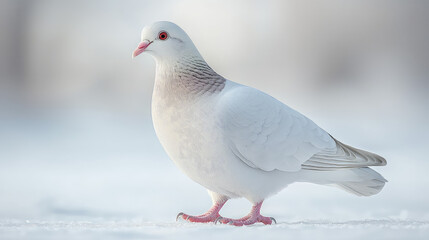 Naklejka premium White pigeon standing in snow, side profile, red eyes, pink legs.