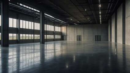 A vast, sleek hall interior with polished concrete floors and minimalist concrete walls
