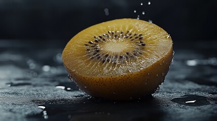 Golden kiwi slice, water droplets, dark background, food photography