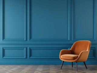 Elegant Orange Armchair Against a Deep Blue Classic Paneled Wall in a Stylish Interior