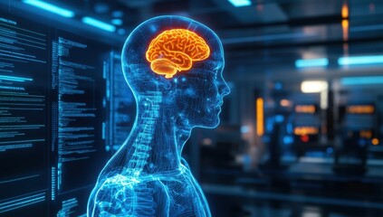 Digital Mind:  A futuristic illustration of a human head with a glowing brain, set against a backdrop of a high-tech laboratory or server room. This image evokes themes of artificial intelligence.