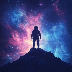Astronaut standing on a mountain peak gazing at a nebula