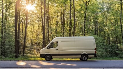 White Cargo Van Parked on a Forest Road at Sunset