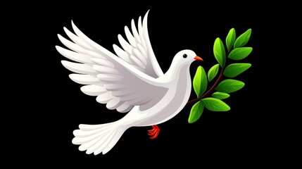 Obraz premium White Dove with Olive Branch in Flight Against Black Background