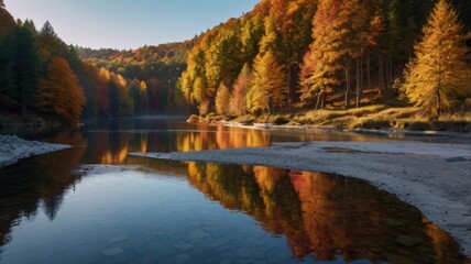 Fototapeta premium Autumnal River Reflection: Golden Forest Serenity