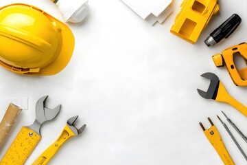 Yellow Tools and Safety Helmet on White Background Construction Concept