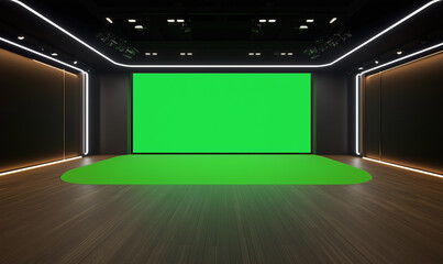 Modern minimalist virtual studio for green screen, with LED lights and a large LED display panel